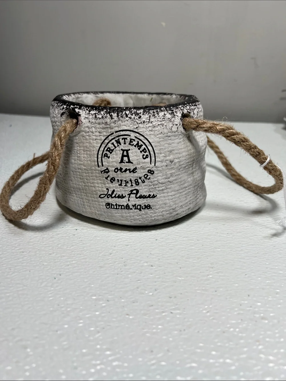 Rustic White Ceramic Planter with Rope Handles -